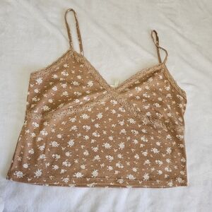 Floral Lace Trim Cami Top - Brown